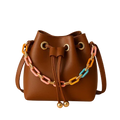 Brown bucket handbag with colorful chain strap, premium style from Bagvalley Pakistan