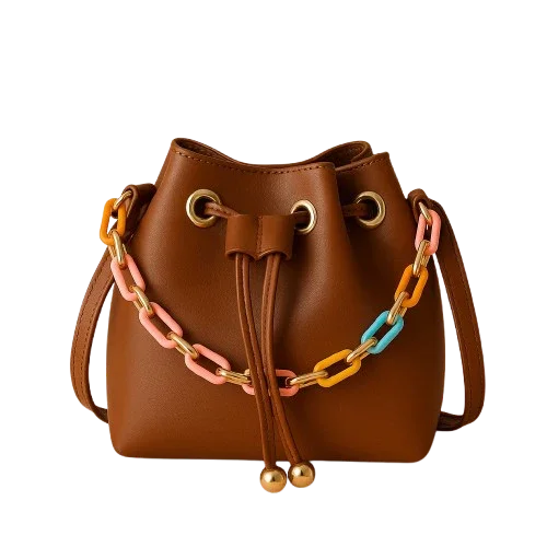 Brown bucket handbag with colorful chain strap, premium style from Bagvalley Pakistan