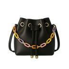 Black bucket handbag with colorful chain strap, premium accessory at Bagvalleypk