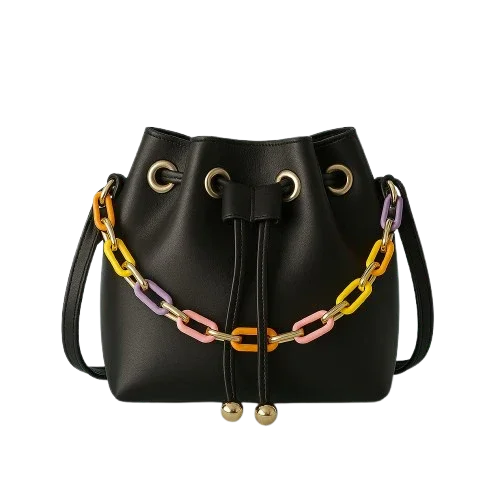 Black bucket handbag with colorful chain strap, premium accessory at Bagvalleypk
