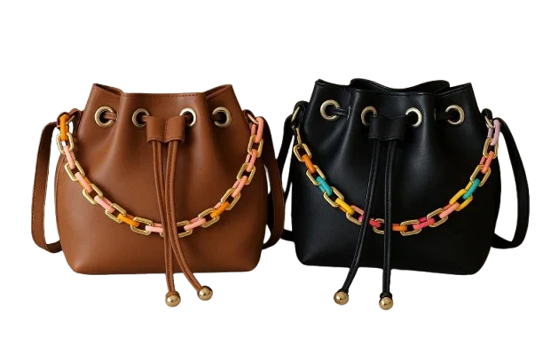 Brown and black bucket handbags with colorful chain straps, Bagvalleypk premium bags
