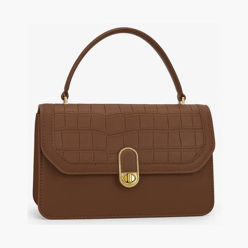 Brown textured handbag with gold clasp, top handle, Bagvalleypk premium accessory