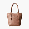 Bagvalley premium brown tote bag with studded detailing and double handles on white background