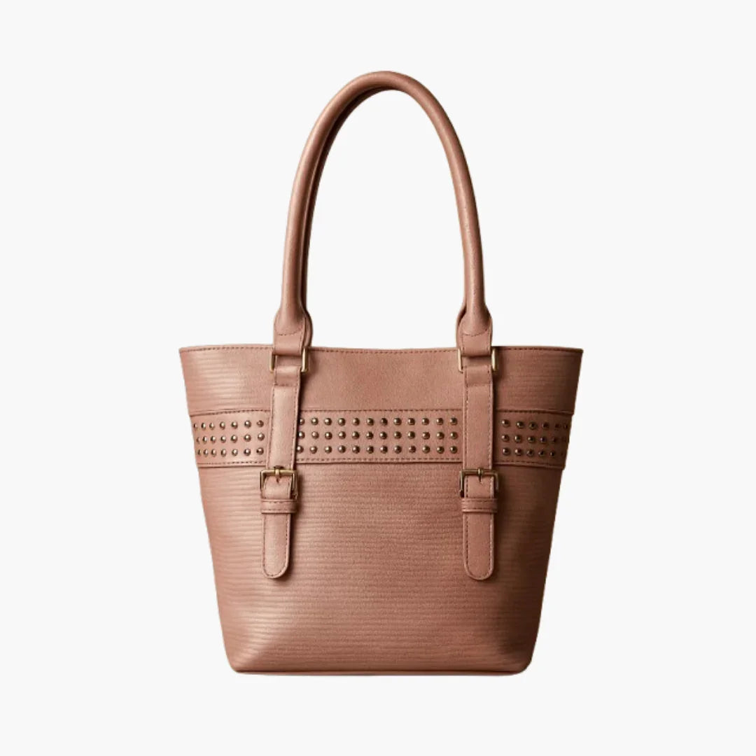 Bagvalley premium brown tote bag with studded detailing and double handles on white background