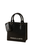 Black Charles & Keith handbag with textured pattern, top handles, and matching pouch, Bagvalleypk