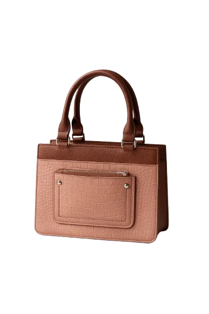 Elegant pink and brown leather handbag with textured front pocket, available at Bagvalleypk.