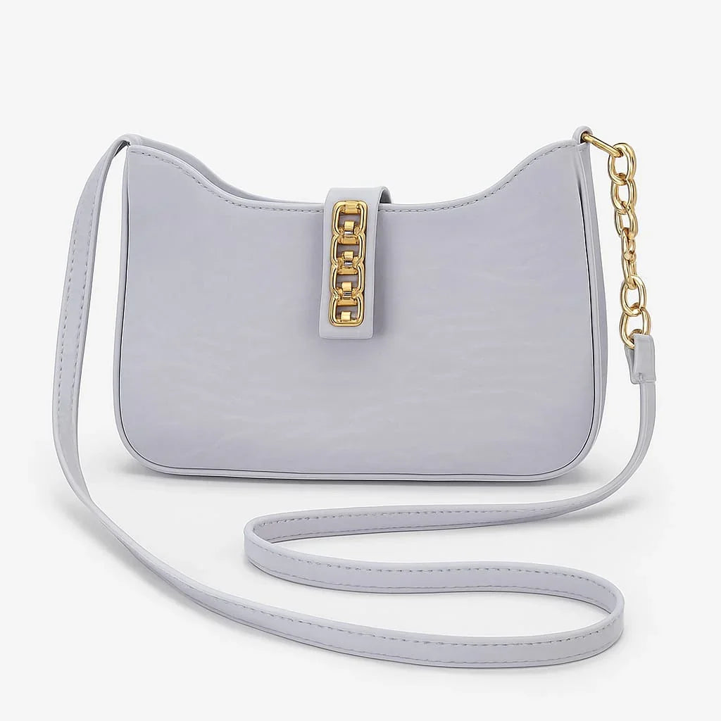 Elegant light gray handbag with gold chain detail from Bagvalley, premium women's accessory