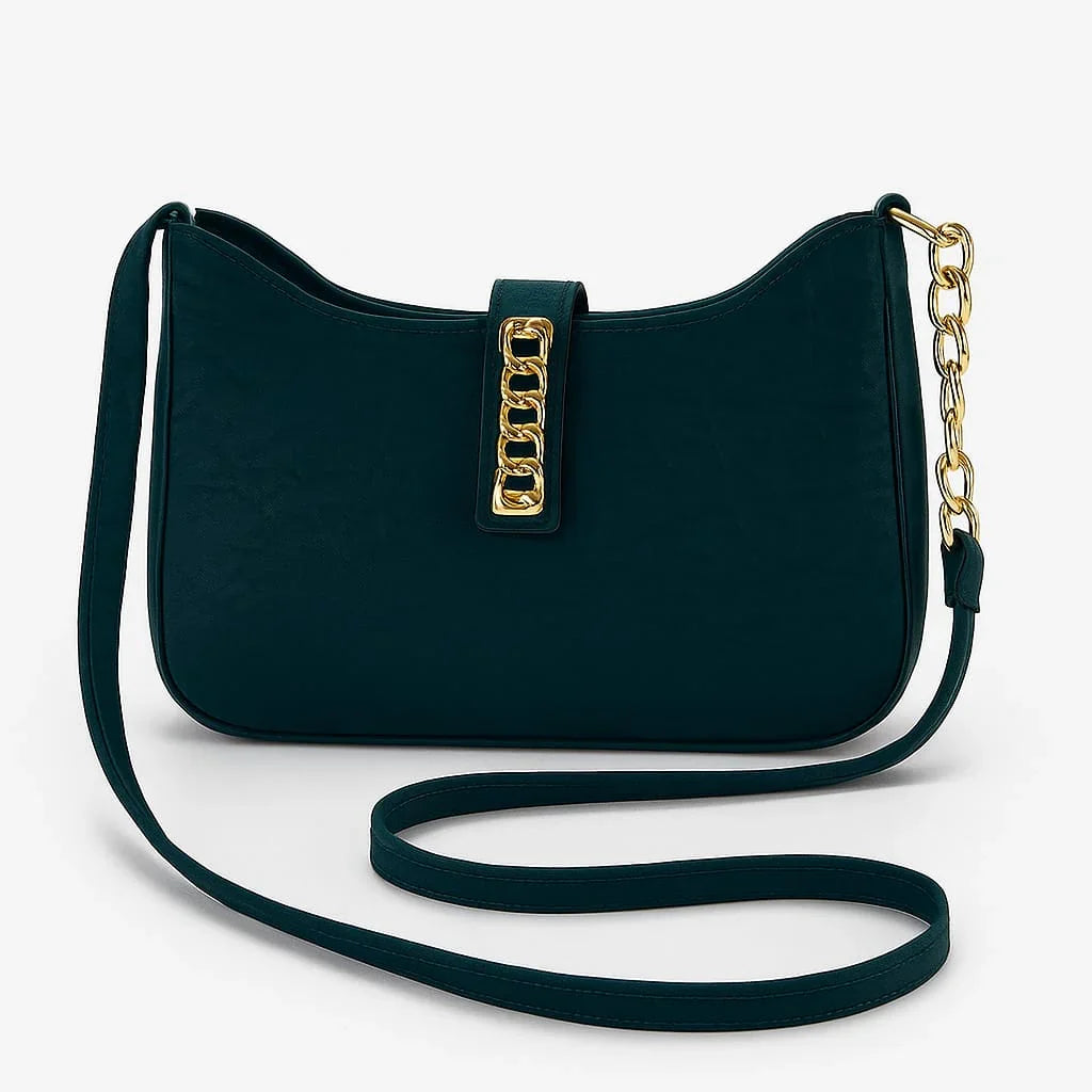 Elegant dark green handbag with gold chain accent and strap from Bagvalleypk.