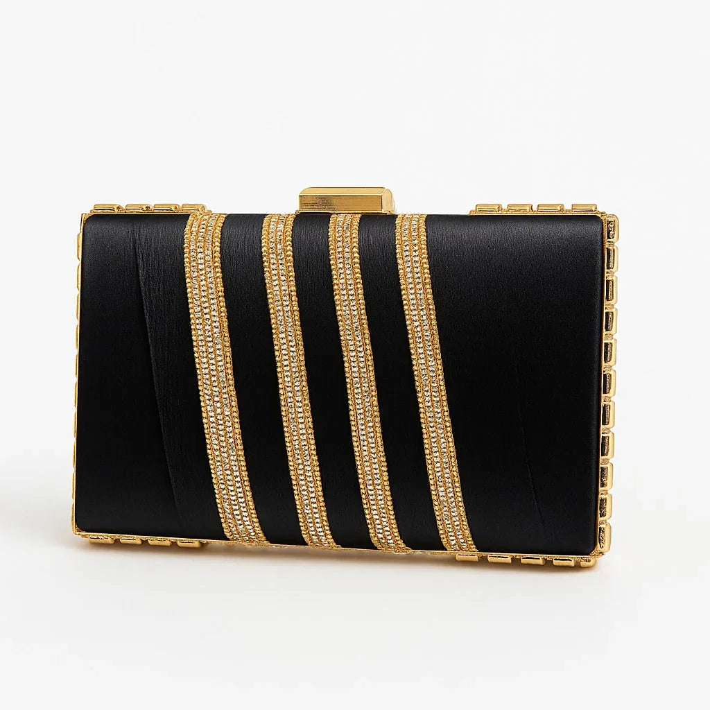 Black bridal clutch with gold and rhinestone stripes, premium handbag from Bagvalleypk