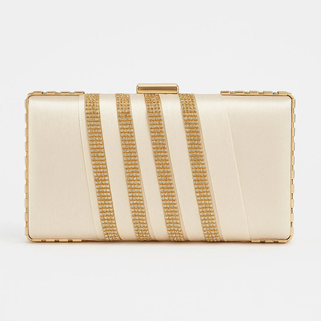 Elegant ivory bridal clutch with gold rhinestone stripes from Bagvalleypk, premium handbags