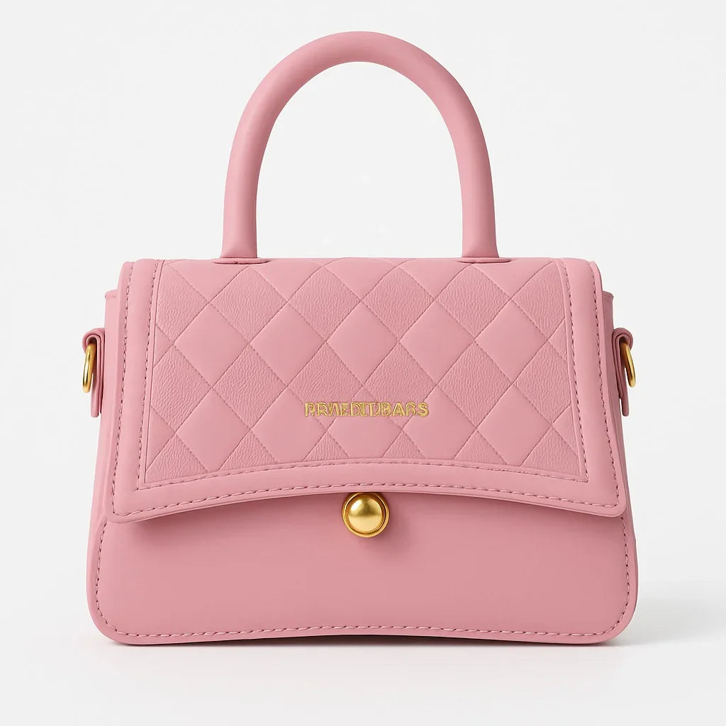 Quilted pink handbag with gold clasp and handle, premium accessory at Bagvalleypk.