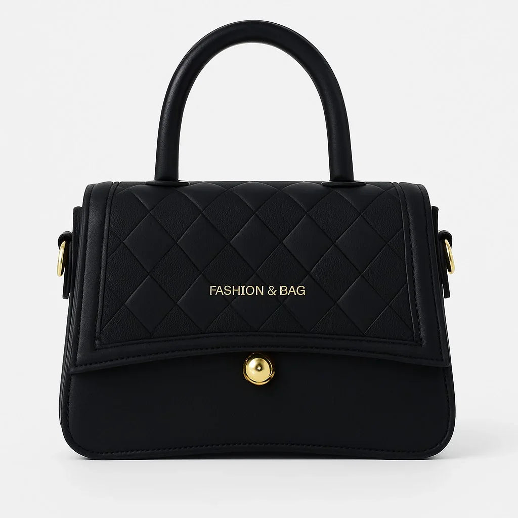 Black quilted handbag with gold hardware and top handle, Bagvalleypk premium collection.
