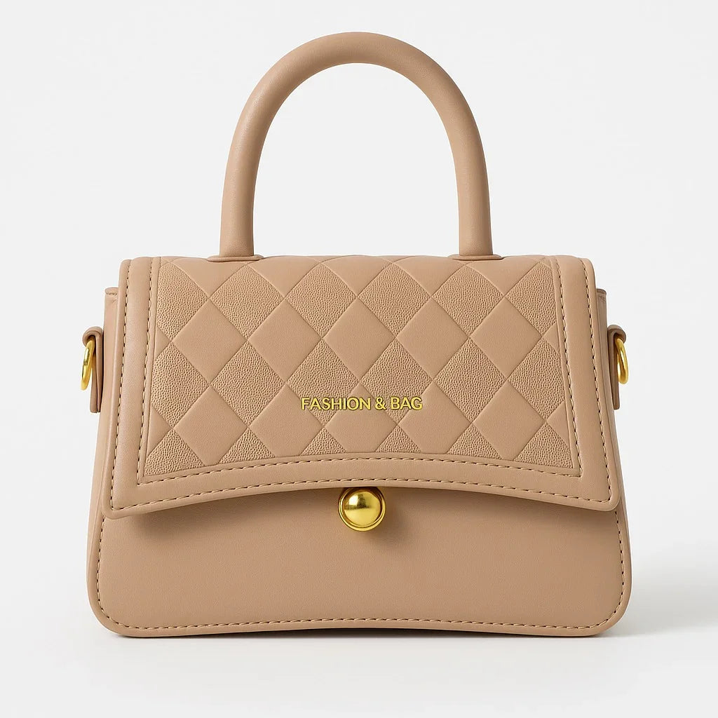 Beige quilted leather handbag with gold hardware from Bagvalleypk on white background