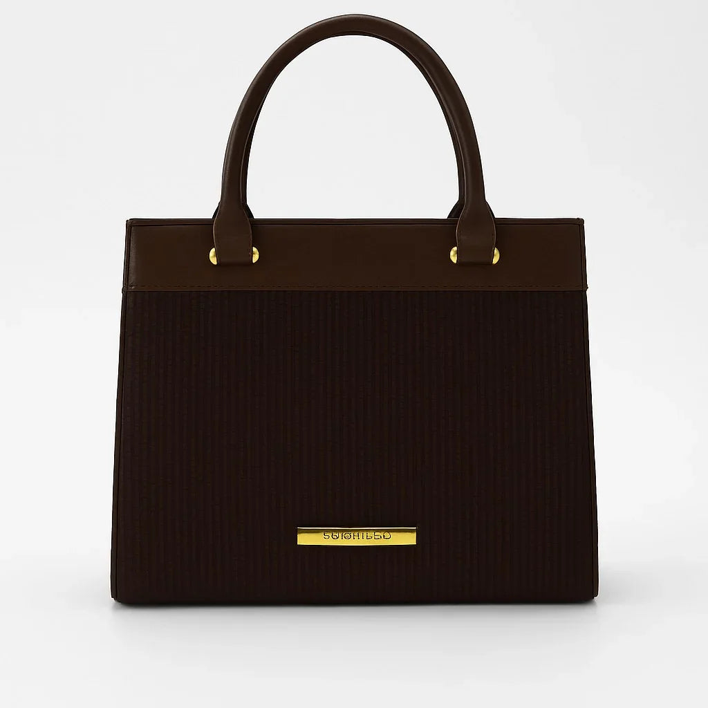 Elegant dark brown handbag with gold accents from Bagvalley on a white background
