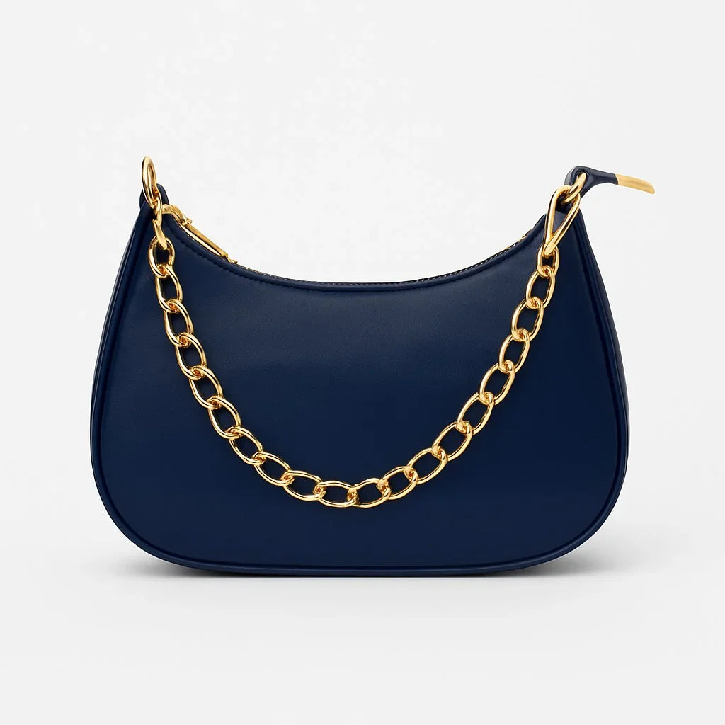 Navy blue handbag with gold chain strap, premium designer bag from Bagvalleypk.