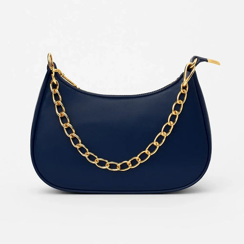 Navy blue handbag with gold chain strap, premium designer bag from Bagvalleypk.