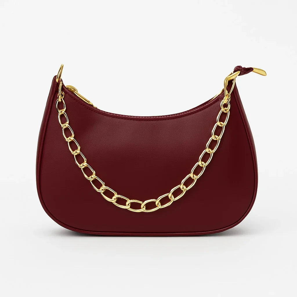 Maroon handbag with gold chain detail from Bagvalley, stylish premium women's bag on white background.