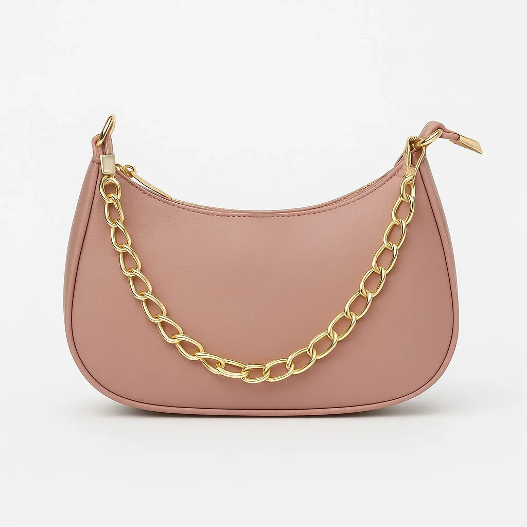 Blush pink handbag with gold chain, premium women's bag from Bagvalleypk collection.