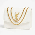 White handbag with gold chain and logo, luxury designer style at Bagvalleypk.
