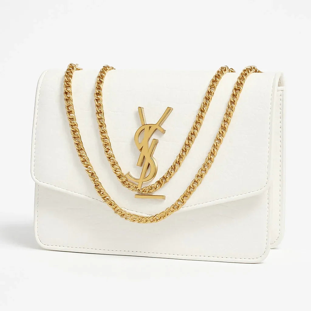 White handbag with gold chain and logo, luxury designer style at Bagvalleypk.