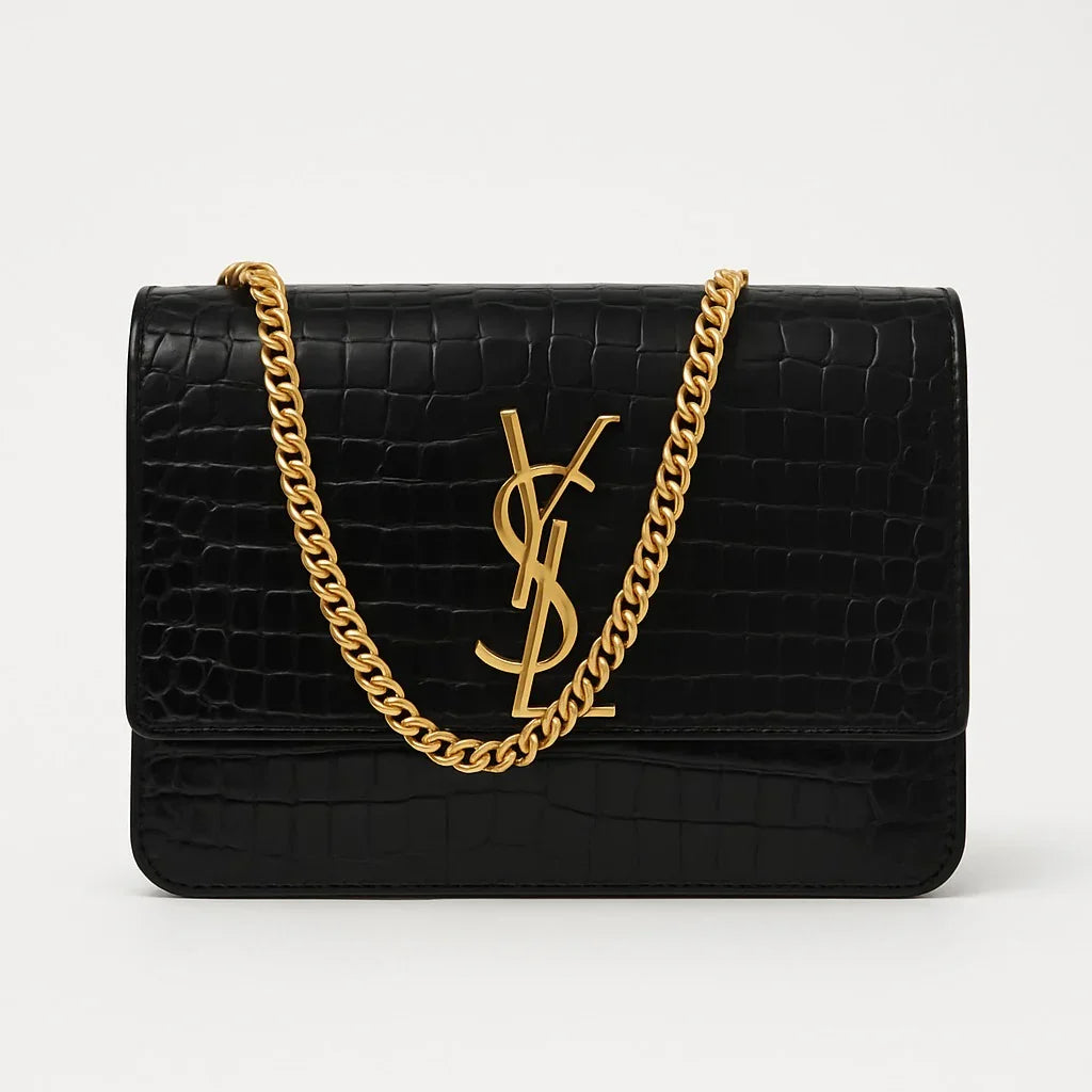 Black crocodile-embossed handbag with gold chain and logo, premium Bagvalley accessory