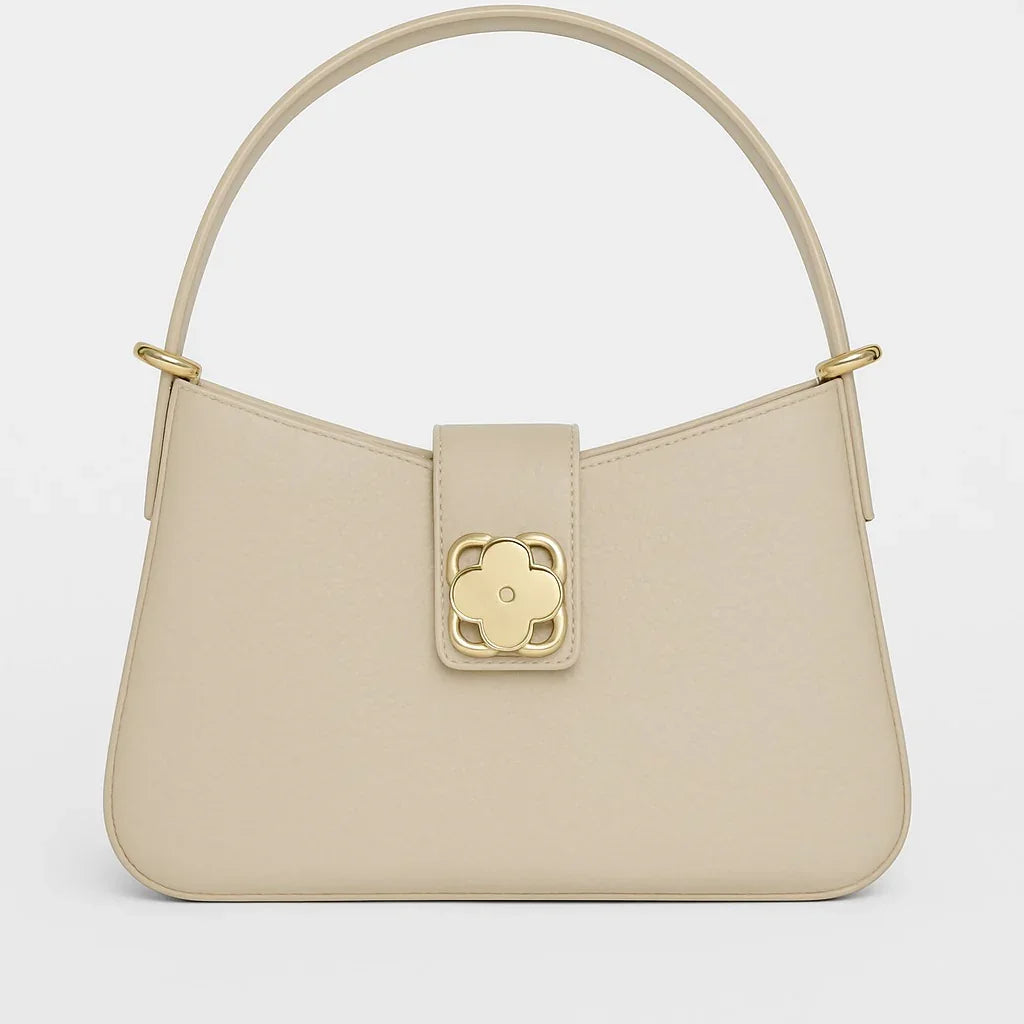 Elegant beige handbag with gold floral clasp, Bagvalleypk premium collection