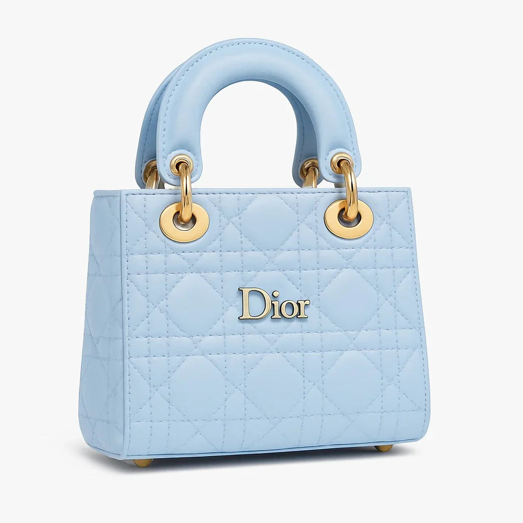Light blue quilted handbag with gold hardware and Dior logo, Bagvalleypk luxury collection.