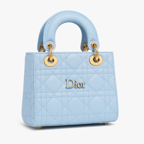 Light blue quilted handbag with gold hardware and Dior logo, Bagvalleypk luxury collection.