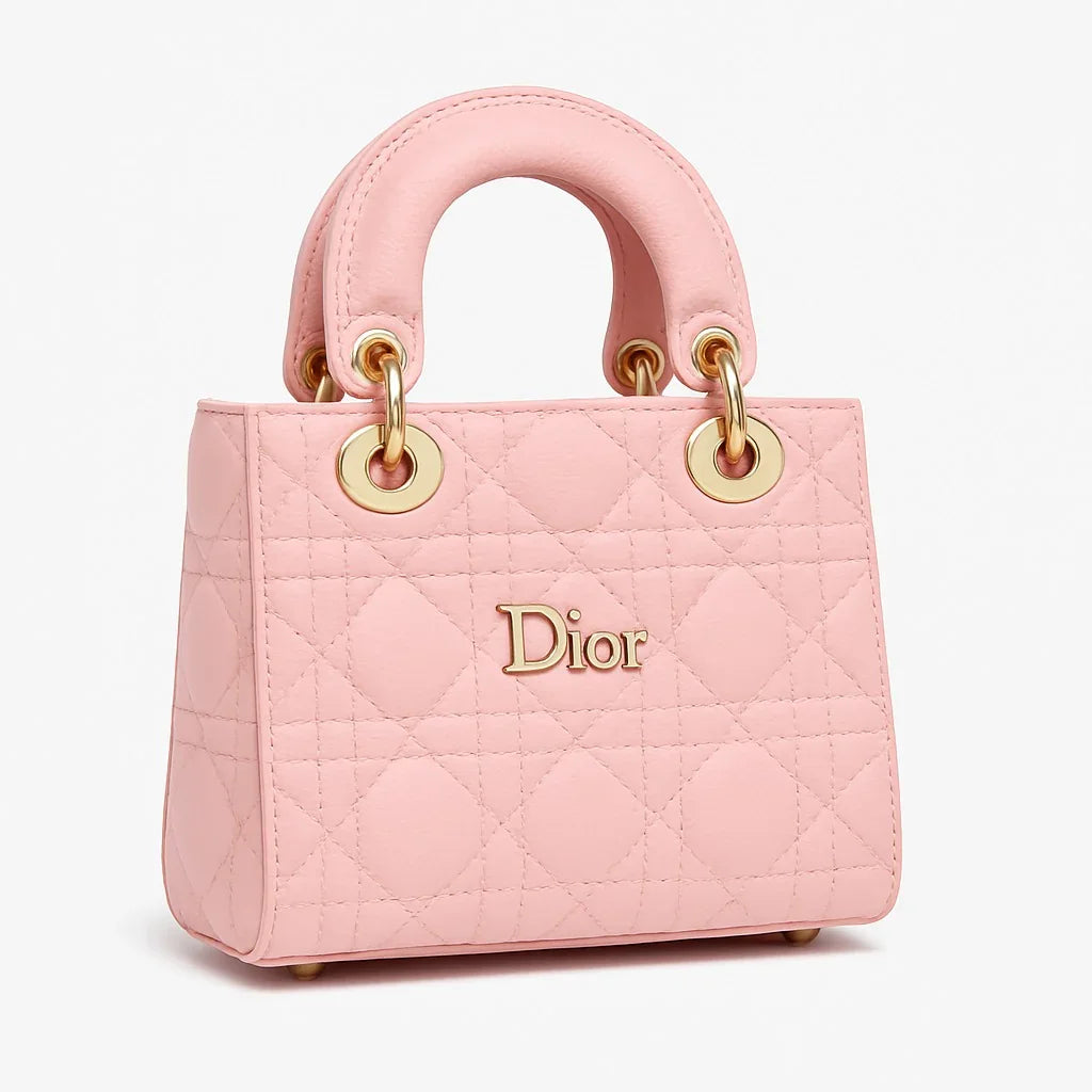 Light pink quilted handbag with gold hardware, Dior logo, luxury designer bag at Bagvalley