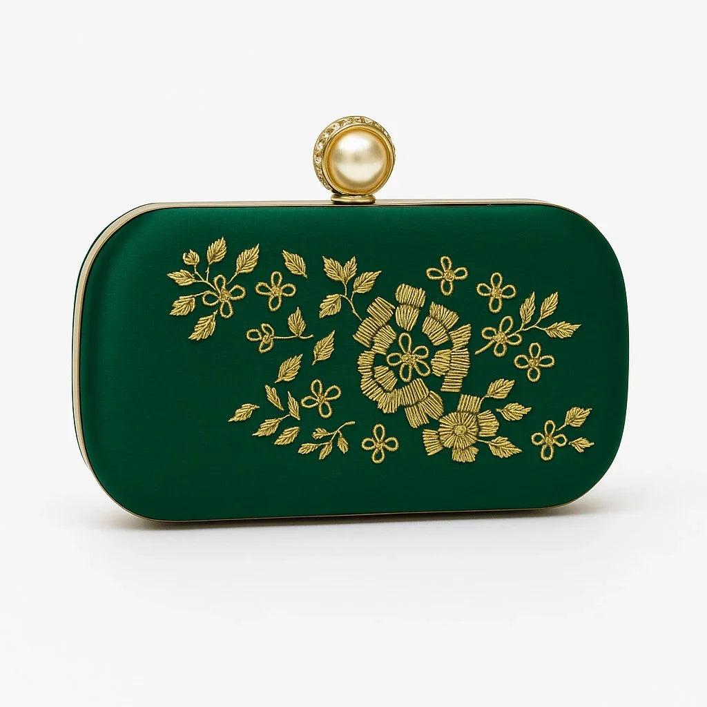 Green bridal clutch with gold floral embroidery and pearl clasp from Bagvalleypk