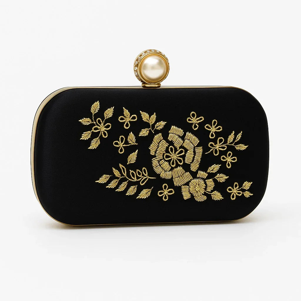 Black bridal clutch with gold floral embroidery and pearl clasp, Bagvalley premium handbag