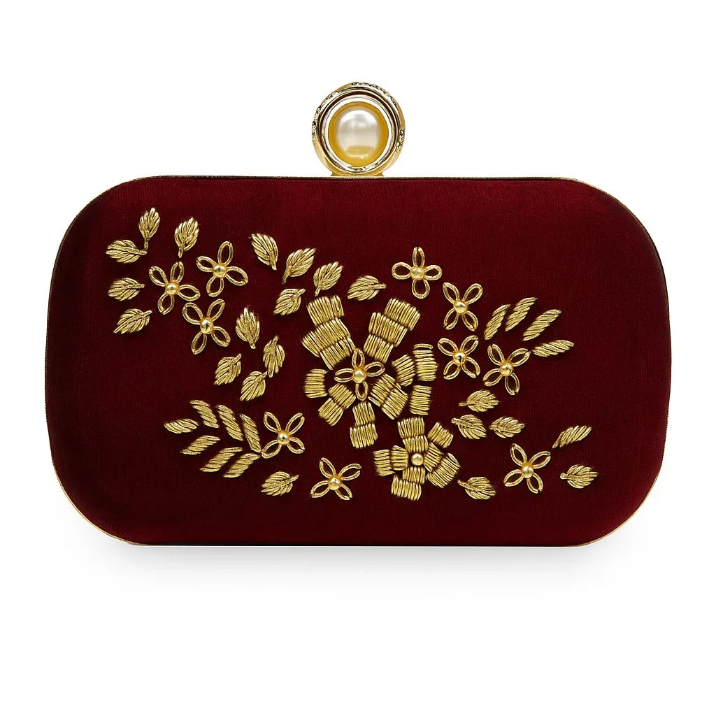 Maroon bridal clutch with gold floral embroidery and pearl clasp, Bagvalleypk premium handbag