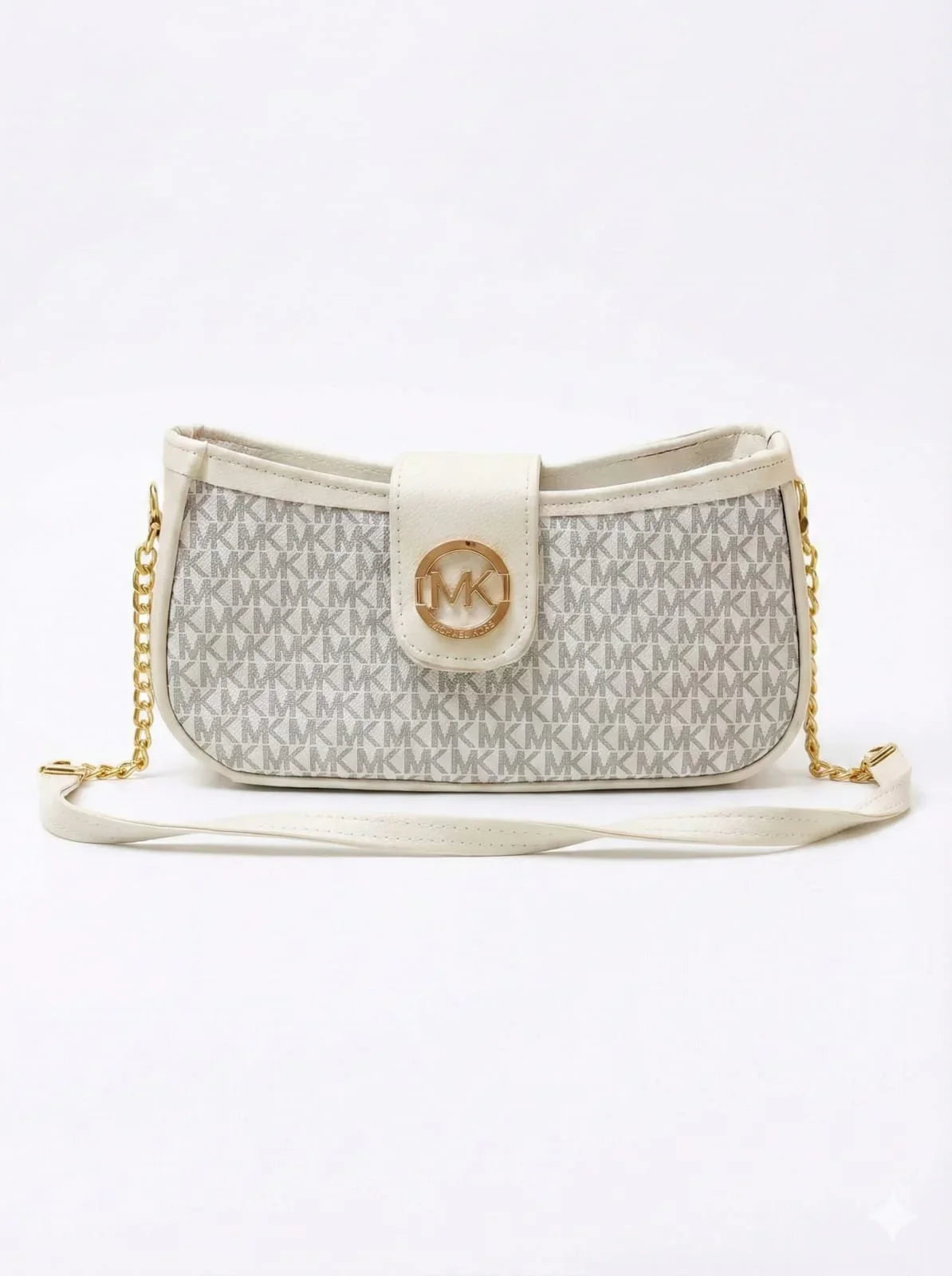 White designer shoulder bag with gold chain and MK logo, premium handbag from Bagvalleypk