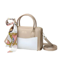 Beige and white handbag with top handles, crossbody strap, and decorative printed scarf, Bagvalleypk.