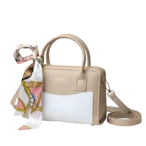 Beige and white handbag with top handles, crossbody strap, and decorative printed scarf, Bagvalleypk.
