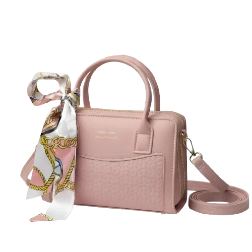 Pink handbag with top handle, shoulder strap, and decorative scarf from Bagvalleypk