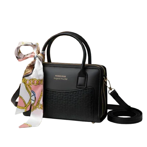 Black premium handbag with a colorful scarf accessory, top handles, and crossbody strap at Bagvalleypk