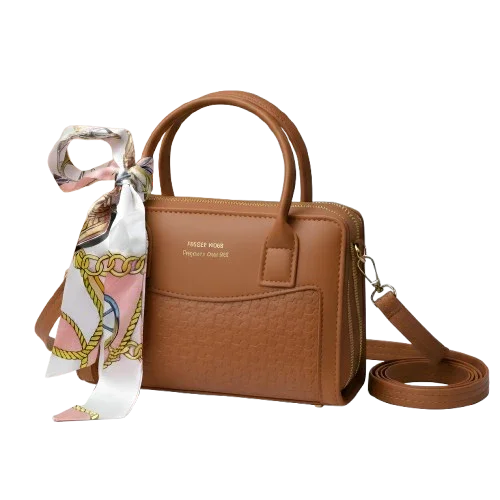 Brown leather handbag with a colorful scarf, top handle, and crossbody strap from Bagvalleypk.