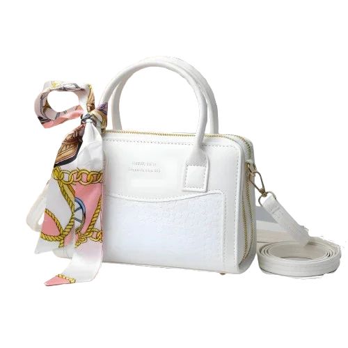 White handbag with top handle, gold zipper, detachable strap, and colorful scarf on handle from Bagvalleypk