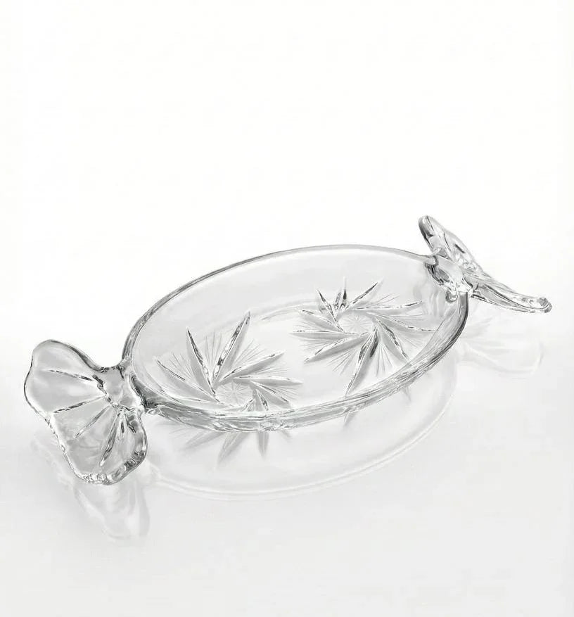 Clear glass tray with floral pattern, oval shape, displayed on white background at Bagvalleypk.