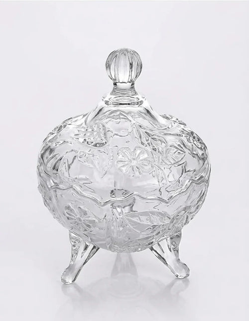 Elegant clear glass jar with floral patterns, decorative lid, and three legs, Bagvalleypk home decor.