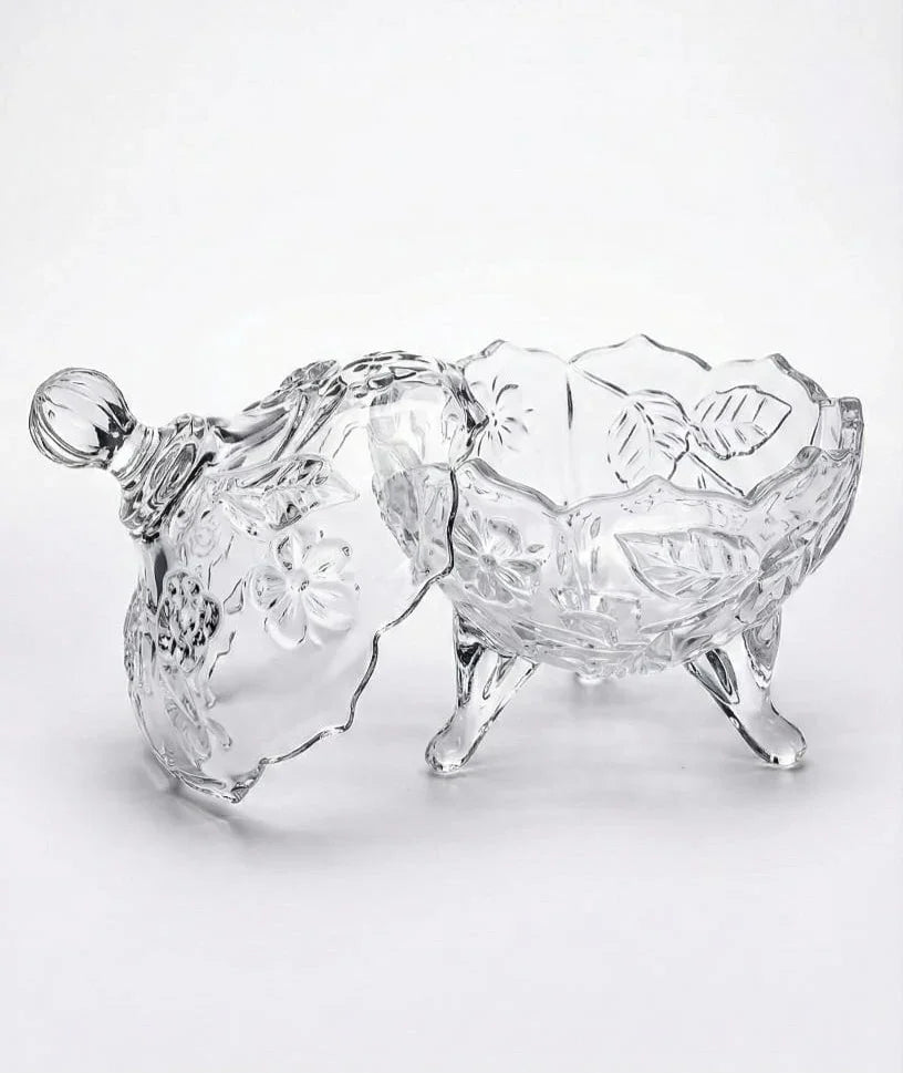 Clear glass trinket box with floral leaf design, elegant home decor from Bagvalleypk