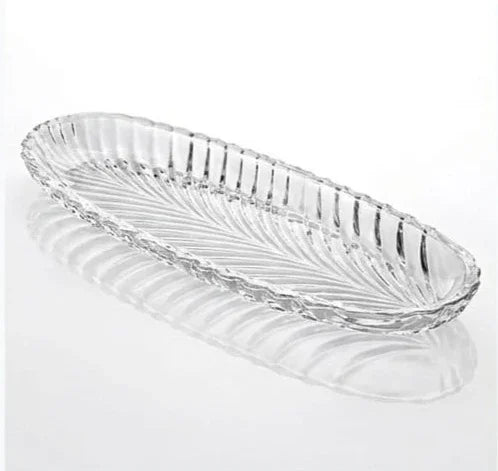 Clear oval glass tray with a textured leaf pattern, elegant tableware at Bagvalleypk