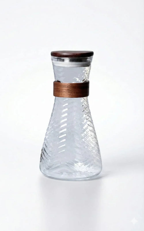 Clear glass carafe with textured pattern, wood band and lid, on white background
