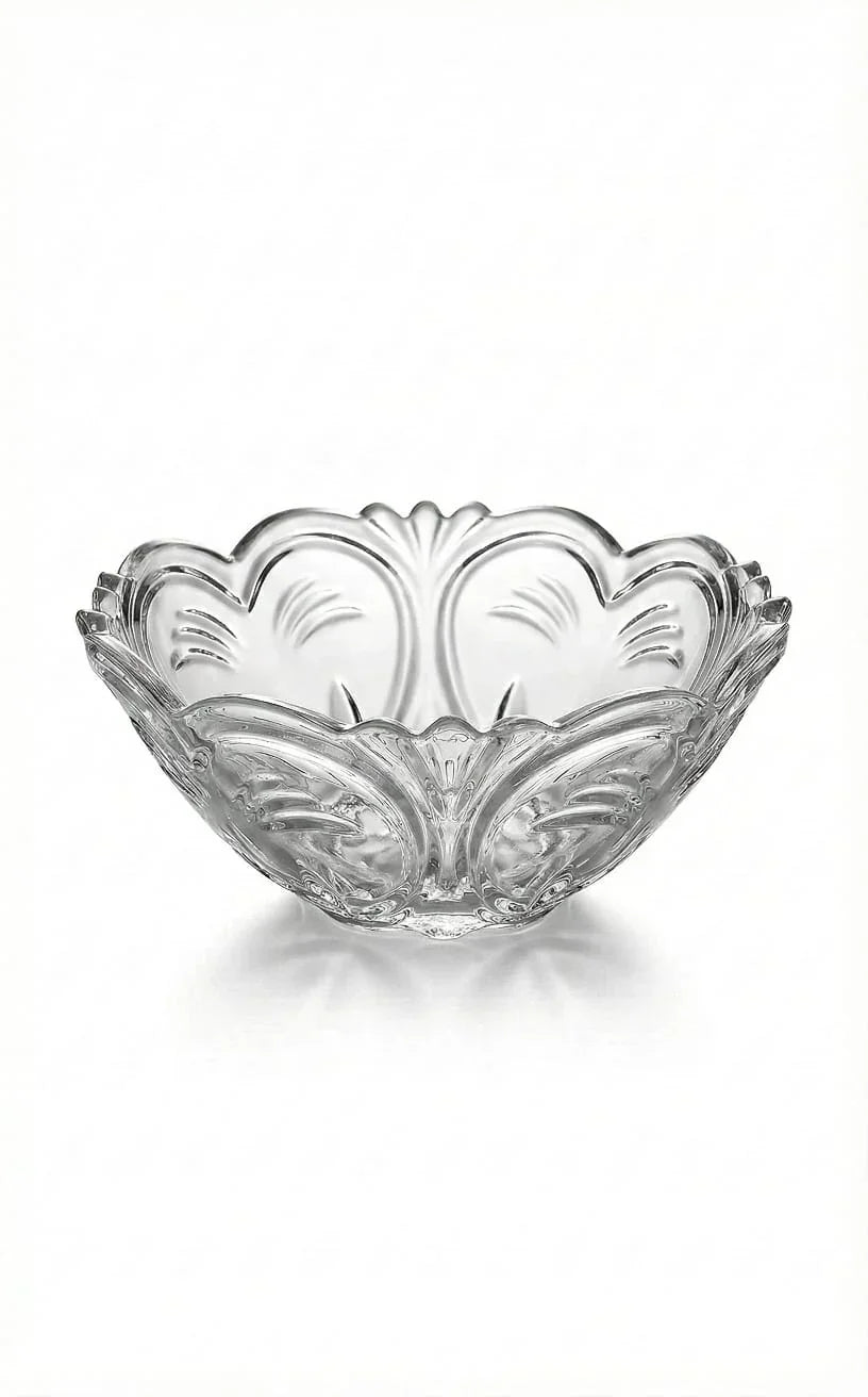 Clear decorative glass bowl with embossed pattern on white background, Bagvalleypk home decor