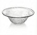Clear glass serving bowl with floral embossed design on white background, Bagvalleypk kitchenware
