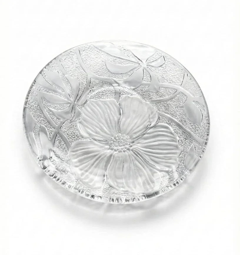 Clear glass floral-patterned round decorative plate on white background from Bagvalleypk