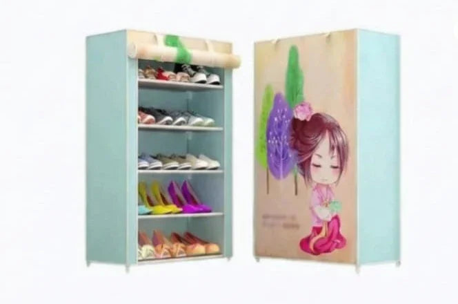 Light blue standing shoe rack with multiple shelves, side features cute girl cartoon design