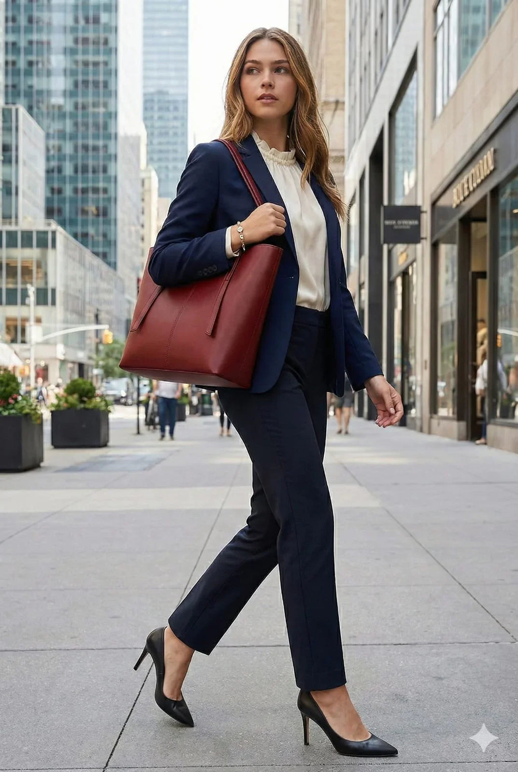 Woman in business attire carrying a stylish red tote bag on a city street, Bagvalleypk premium handbags.