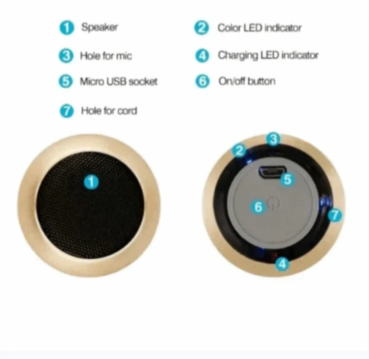 Labeled diagram of a round gold mini speaker showing mic, LED indicators, USB socket, and buttons.